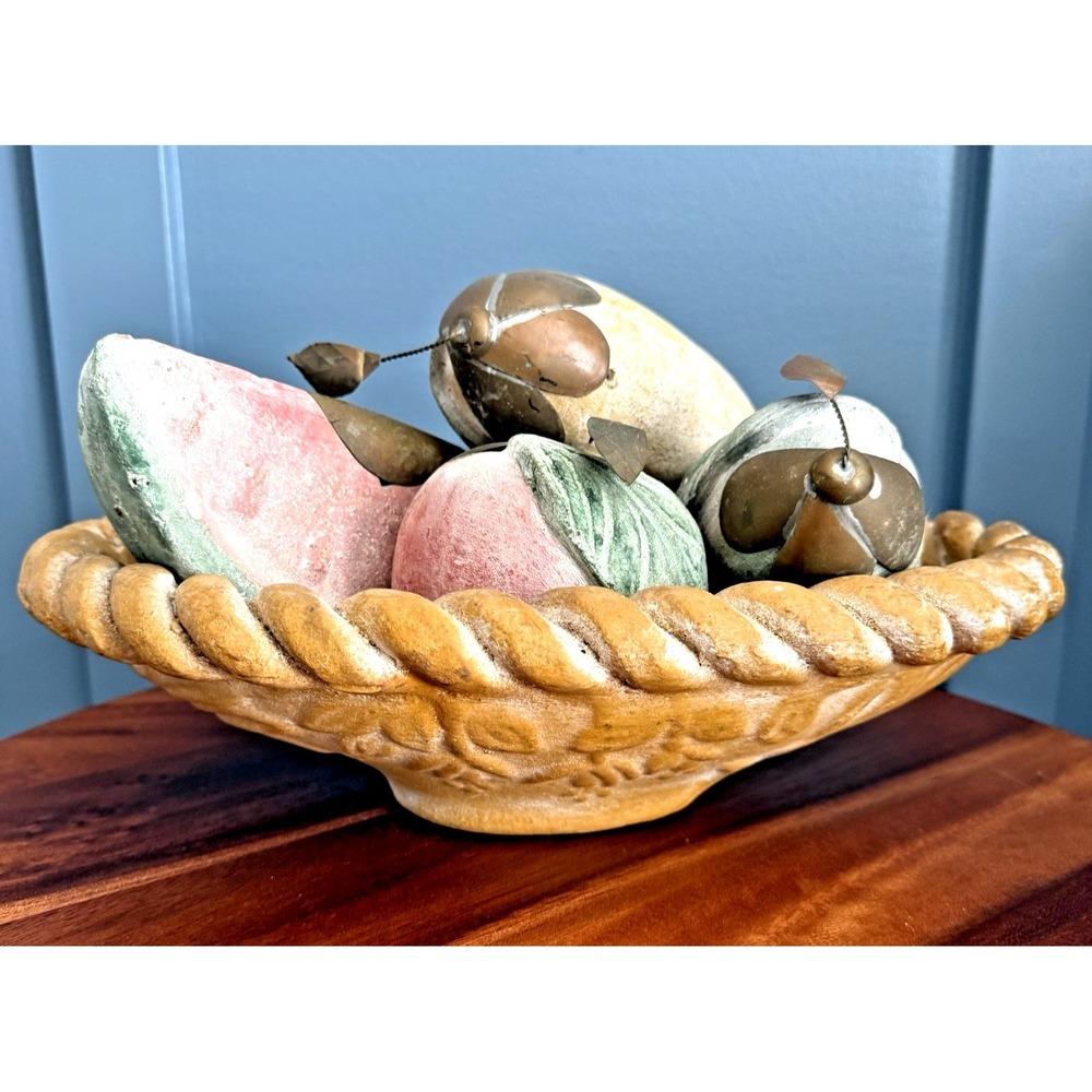 Vintage Clay Bowl & Fruit Set Folk Art Hand Painted Tuscan Rustic Decor
